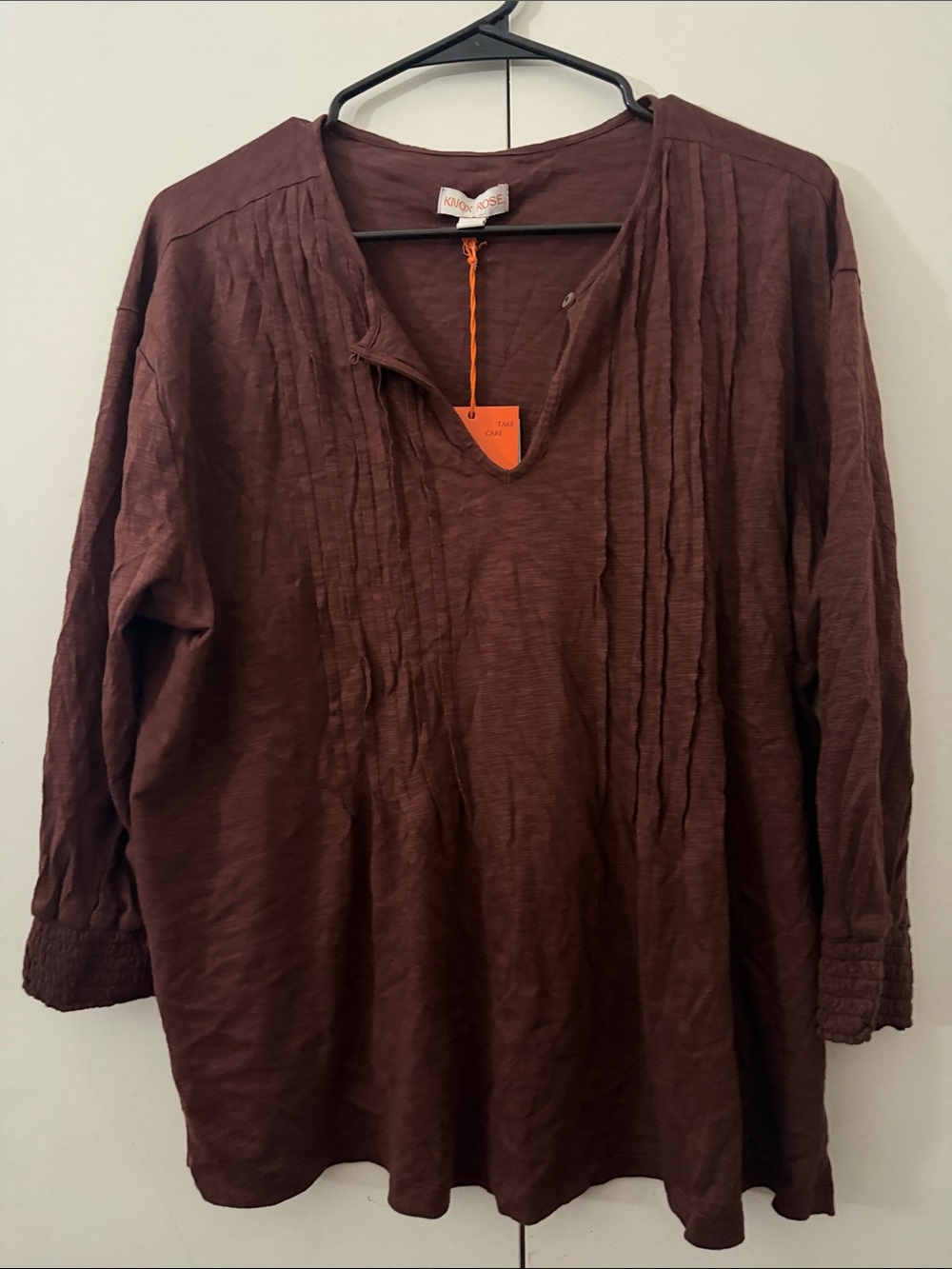 Long-Sleeve Pleated Tunic Shirt - Deep Brown